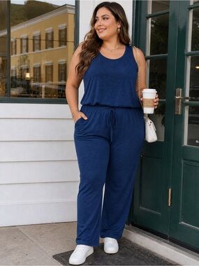Plus Size Navy Sleeveless Drawstring 2 piece set